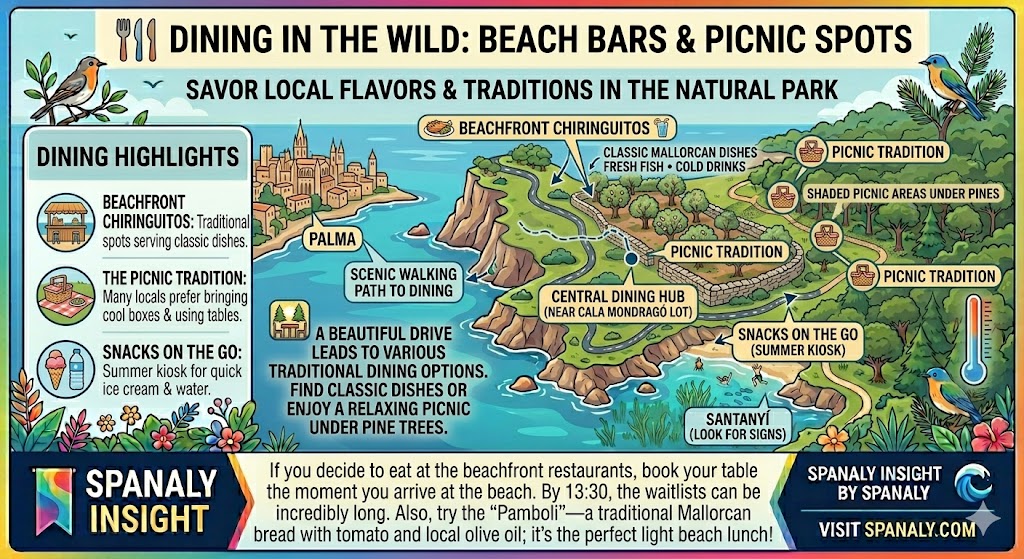 Infographic showing dining options at Cala Mondragó featuring beachfront chiringuitos, shaded pine tree picnic areas, and traditional Mallorcan Pamboli.