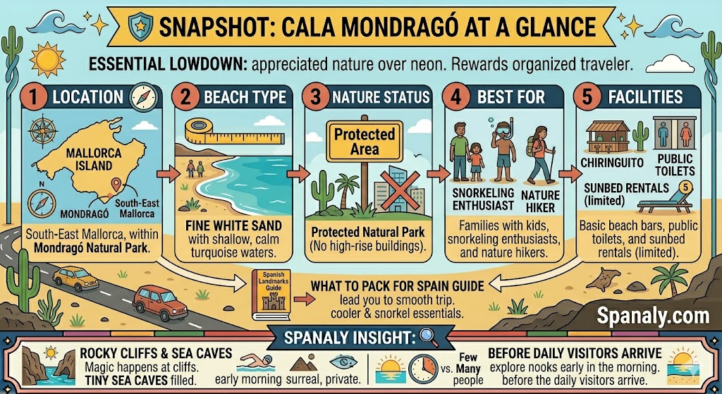 An essential snapshot infographic of Cala Mondragó in Mallorca, detailing its location in the Natural Park, turquoise water characteristics, family-friendly facilities, and hidden sea caves.