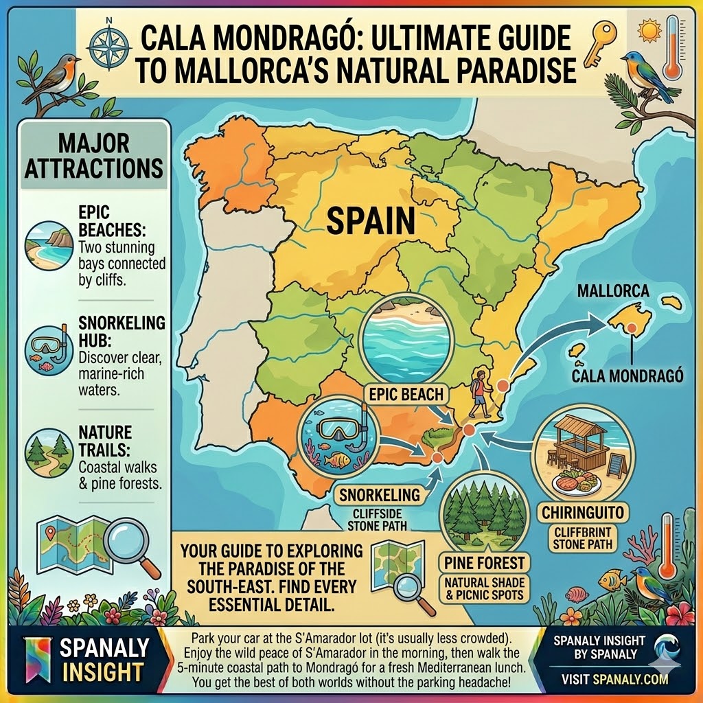 Epic infographic map of Cala Mondragó in Mallorca featuring a map of Spain, turquoise bays, and Mediterranean nature icons.