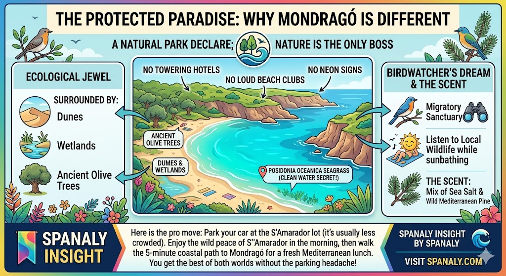 Infographic of Cala Mondragó Natural Park in Mallorca highlighting its dunes, wetlands, ancient olive trees, and Posidonia Oceanica seagrass.