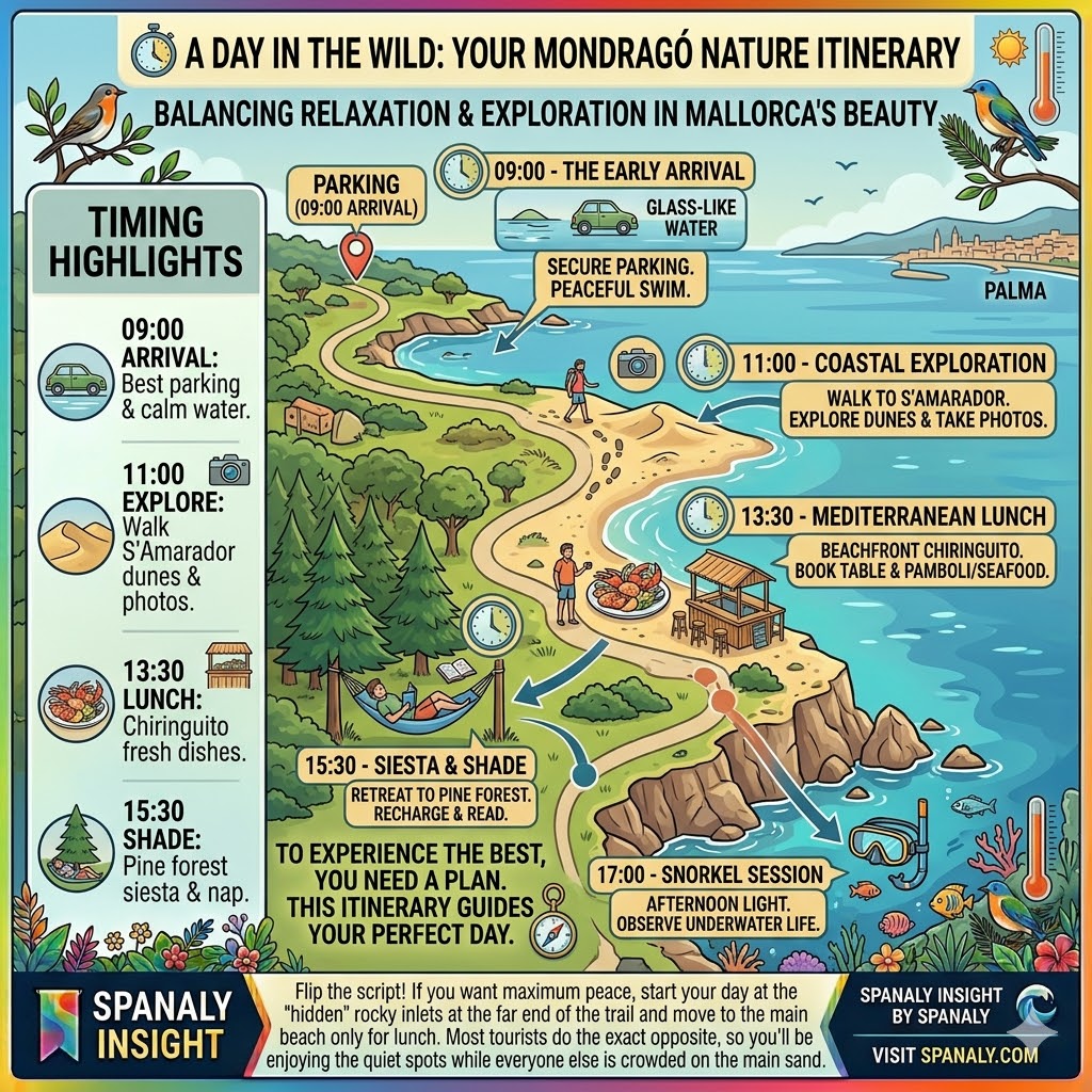 Infographic showing a one-day itinerary for Cala Mondragó, including early arrival, coastal walking, lunch, siesta, and snorkeling.
