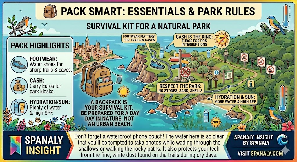 Infographic for Cala Mondragó packing essentials, including water shoes, cash, water, and sun protection, alongside park rules.