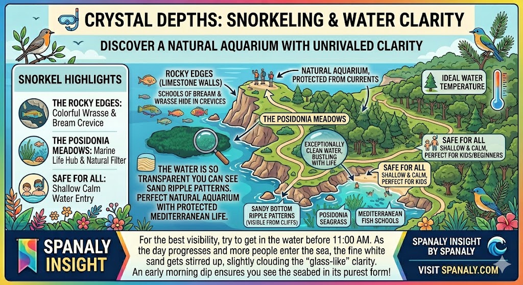 Infographic of Cala Mondragó snorkeling spots showing rocky edges with fish schools and Posidonia seagrass meadows in crystal-clear water.