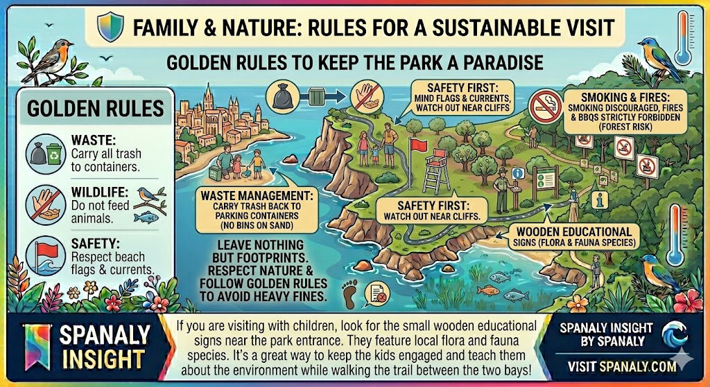 Infographic showing sustainable travel rules for Cala Mondragó Natural Park including waste management, wildlife protection, and fire safety.