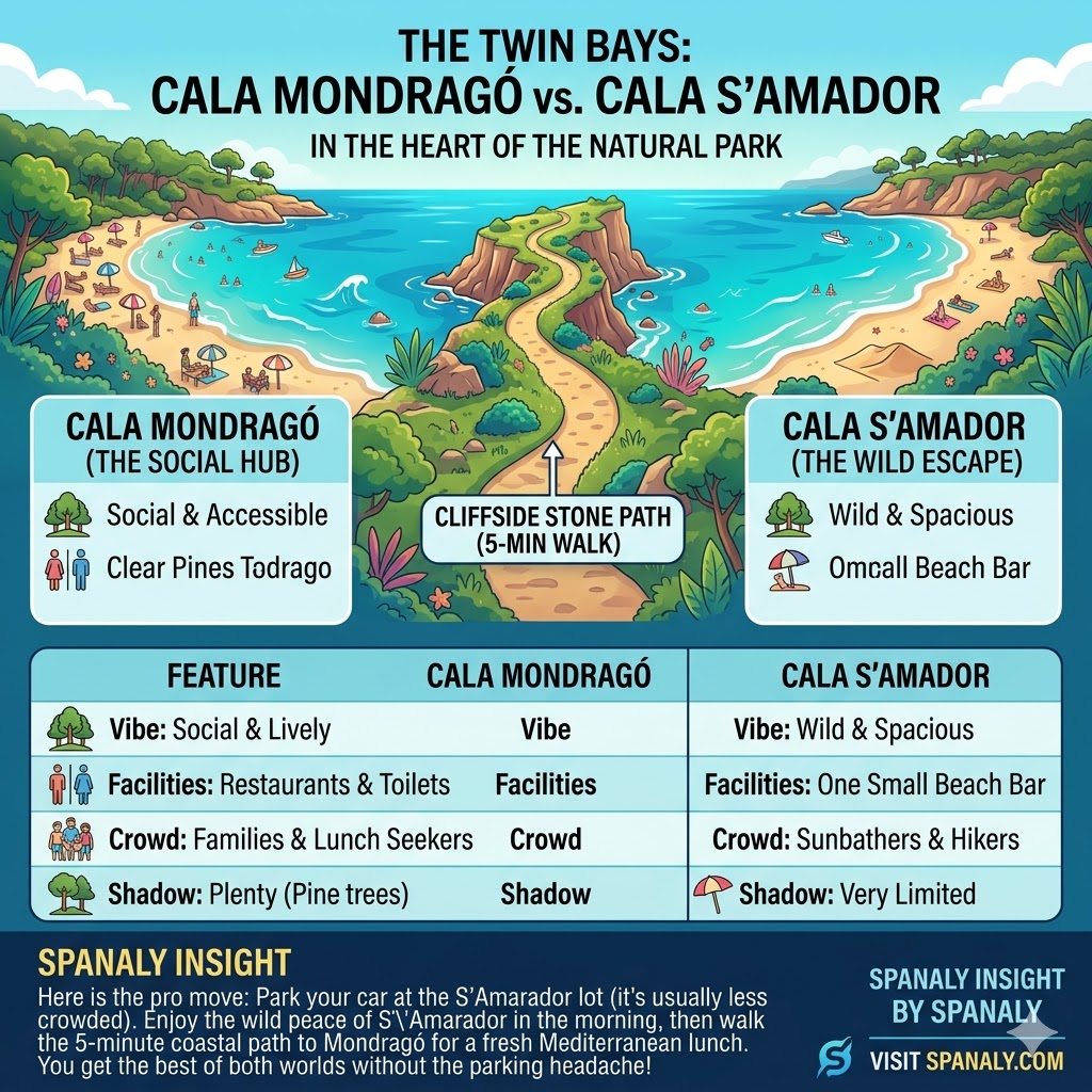 Comparison infographic between Cala Mondragó and Cala S'Amarador in Mallorca showing facilities, vibe, and the coastal path.
