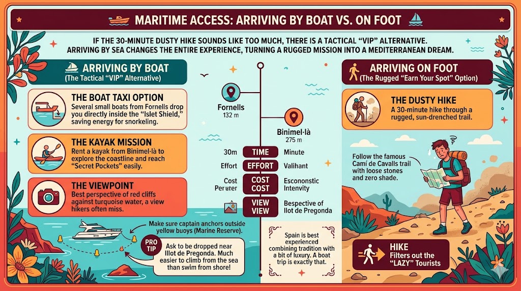 Comparison infographic for Cala Pregonda maritime access featuring boat taxi options from Fornells, kayaking from Binimel·là, and the traditional Camí de Cavalls hiking trail.