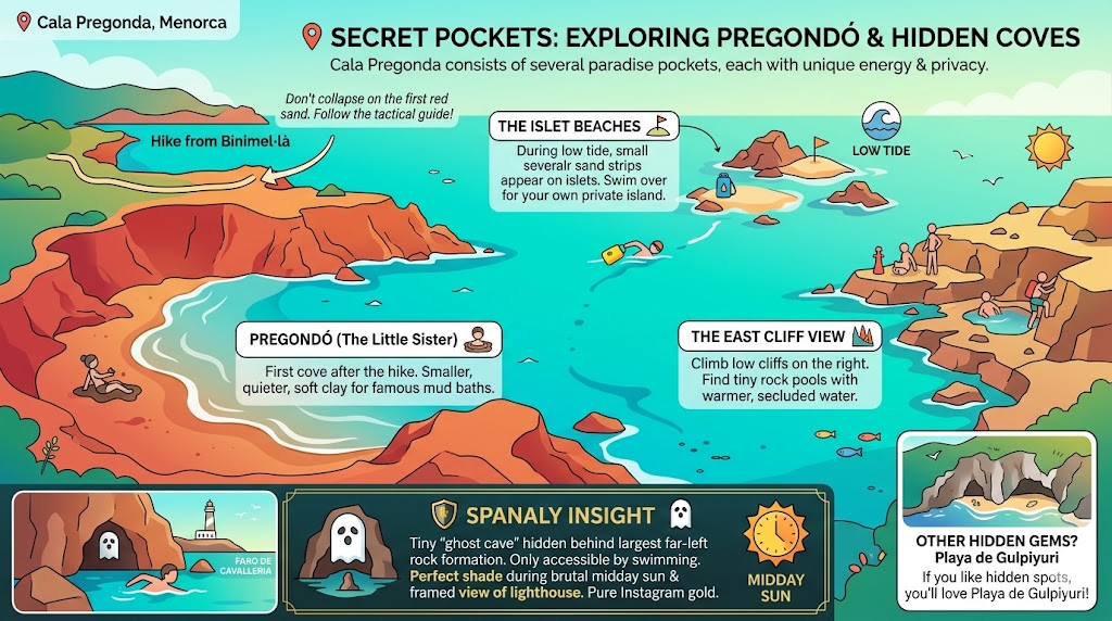Map infographic of Cala Pregonda hidden spots including Pregondó cove, islet beaches for swimming, east cliff rock pools, and the secret ghost cave.