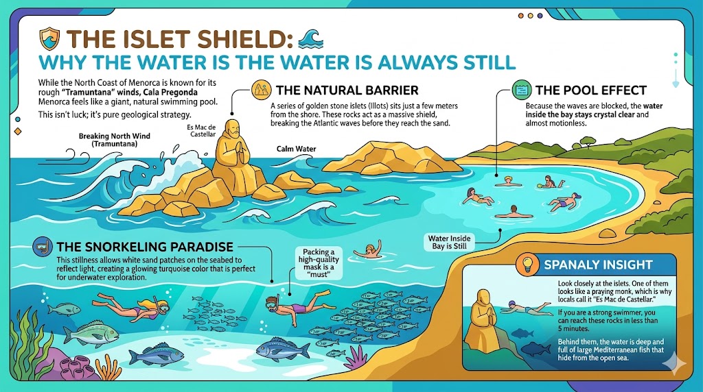 Geological infographic of Cala Pregonda Menorca showing the natural islet barrier that creates calm turquoise waters for snorkeling and swimming.