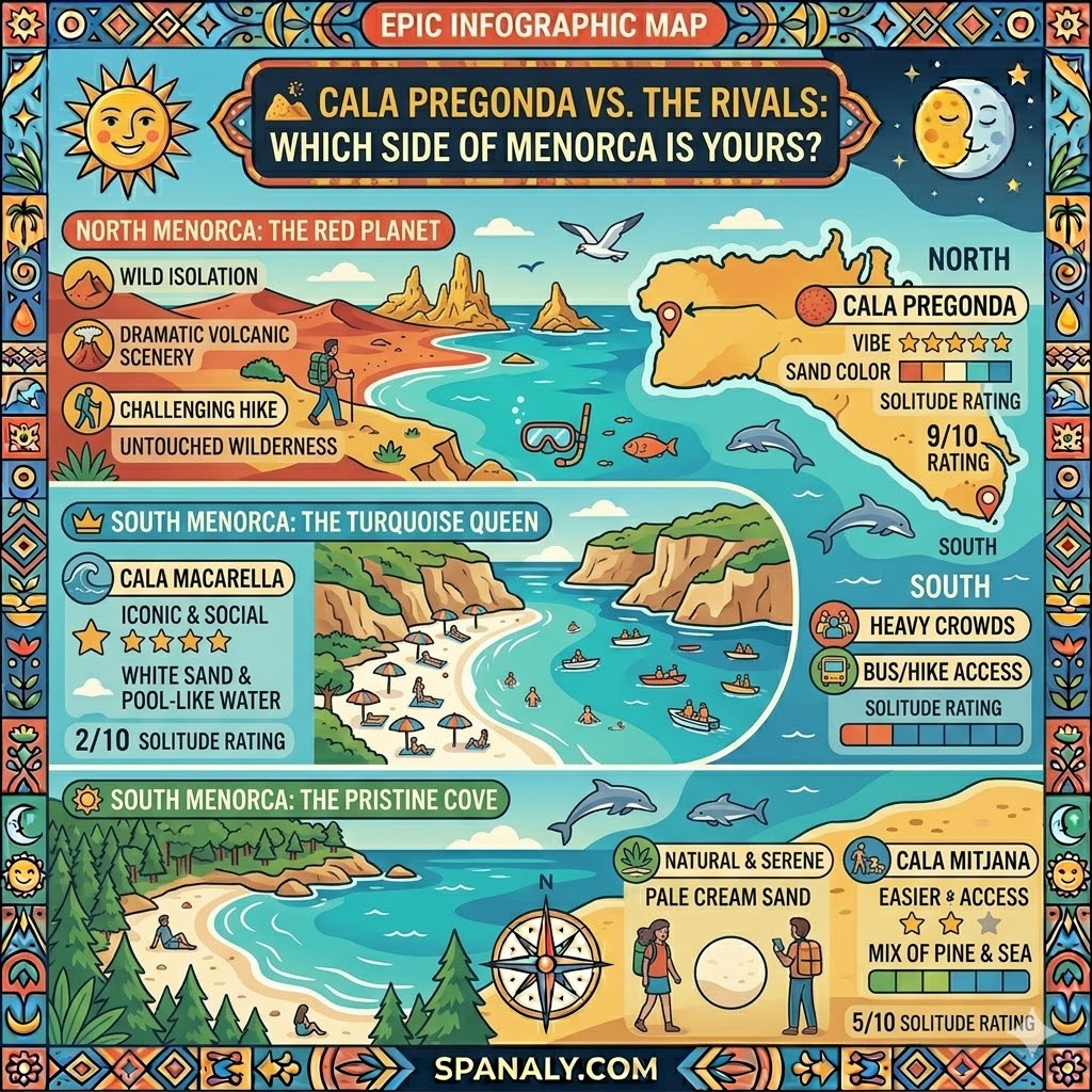Expert infographic comparing Cala Pregonda Menorca with South Menorca beaches. Highlights red sand vs white sand, solitude ratings, and access tactics. Visual guide for choosing between North and South Menorca vibes by Spanaly.com.