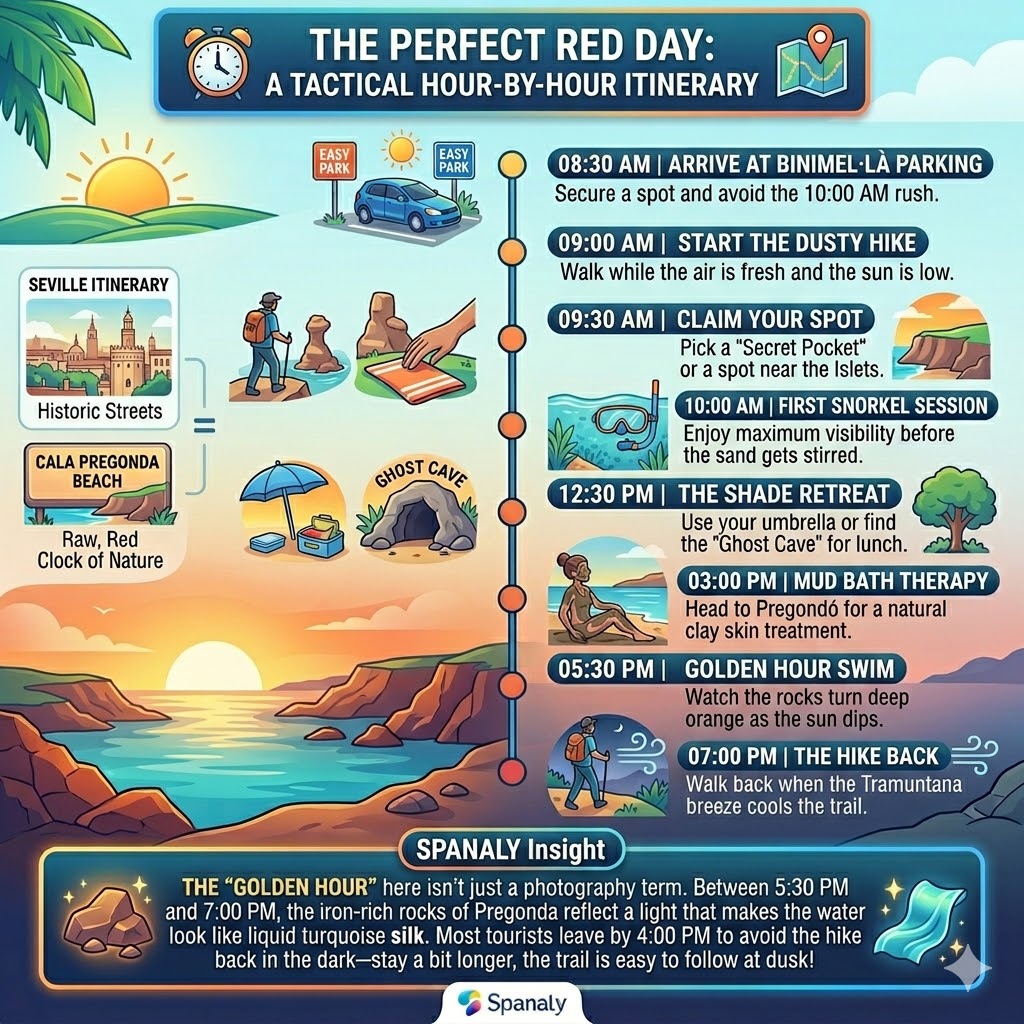 A tactical hour-by-hour itinerary for Cala Pregonda Menorca featuring arrival times, snorkeling sessions, mud bath therapy, and golden hour swimming.