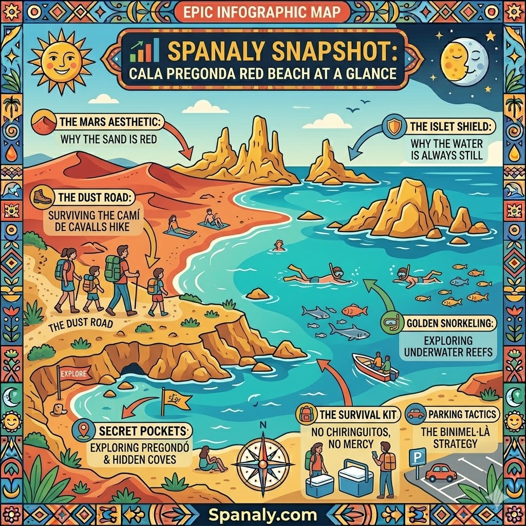 A vibrant infographic titled 'SPANALY SNAPSHOT: CALA PREGONDA RED BEACH AT A GLANCE' featuring the unique red sand and volcanic rock formations of Menorca. The visual guide highlights the Mars aesthetic, the Camí de Cavalls hiking trail, snorkeling reefs, and the tactical survival kit for a beach with no facilities. Designed for Spanaly.com with flat vector style and rich patterns.