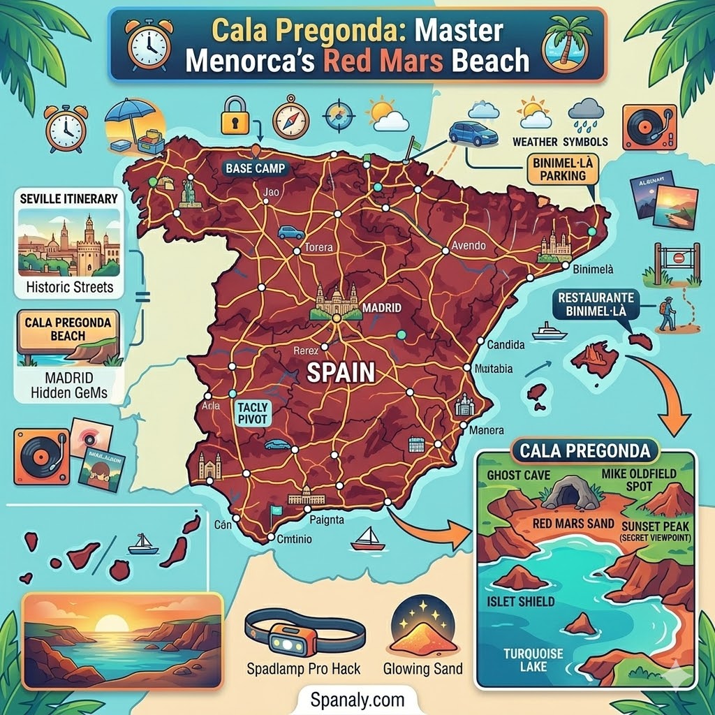 An epic infographic map of Spain featuring a highly detailed tactical guide to Cala Pregonda Menorca with points like the Red Mars Beach and Sunset Peak.