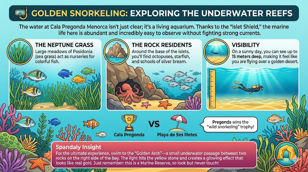 Golden snorkeling infographic for Cala Pregonda Menorca showcasing Neptune grass meadows, rock residents like octopuses, and the famous Golden Arch underwater passage.