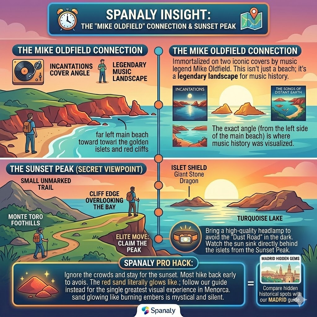 Infographic detailing the Mike Oldfield album cover connection and the secret sunset viewpoint at Cala Pregonda, Menorca.