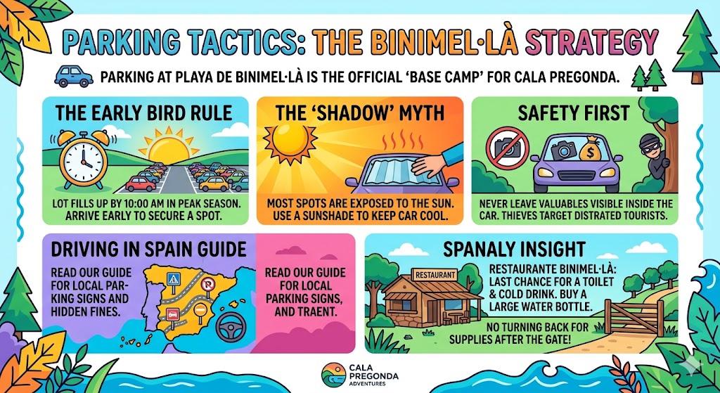 Infographic showing parking tactics at Binimella for Cala Pregonda Menorca including the early bird rule and safety tips.
