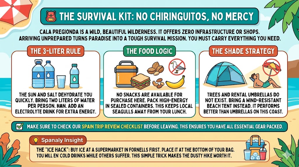 Survival kit infographic for Cala Pregonda Menorca featuring hydration rules, food packing tips, beach shade strategy, and the supermarket ice hack.