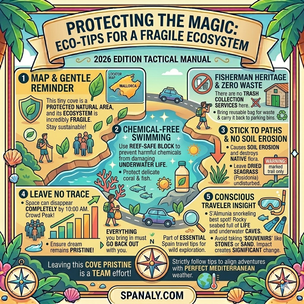 Eco-tips infographic for Caló des Moro, Mallorca, featuring leave-no-trace policies, path protection, reef-safe sunscreen advice, and respecting Posidonia seagrass.