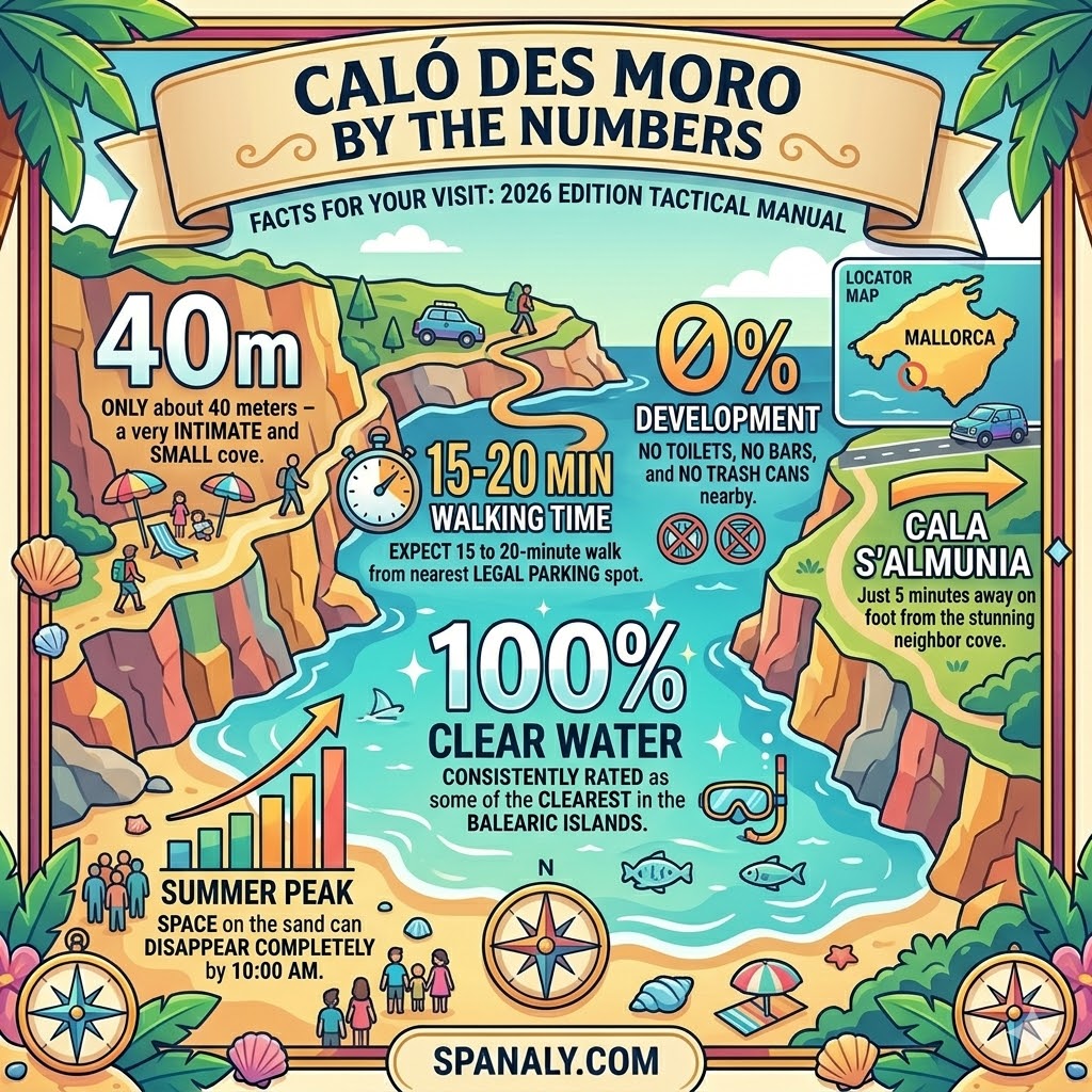 Infographic of Caló des Moro in Mallorca showing key facts: 40m beach width, 15-20 min walking time, 100% water clarity, and 0% development status.