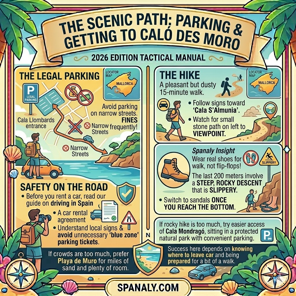 Tactical arrival guide for Caló des Moro showing the Cala Llombards legal parking area, the 15-minute dusty hike path, and the steep rocky descent safety tips.