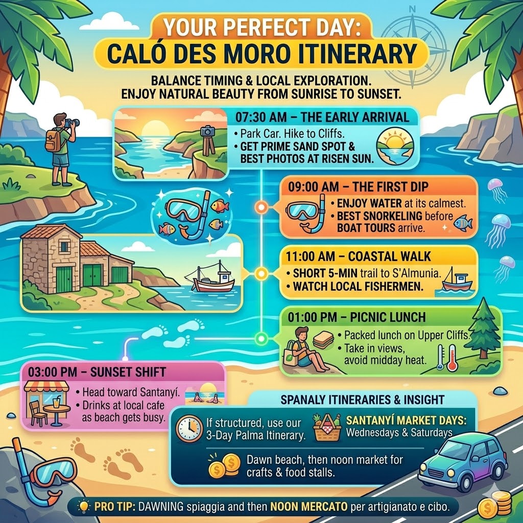 A colorful step-by-step travel itinerary for Caló des Moro, Mallorca, featuring sunrise arrival, morning snorkeling, Cala S’Almunia coastal walk, and a sunset visit to Santanyí market.