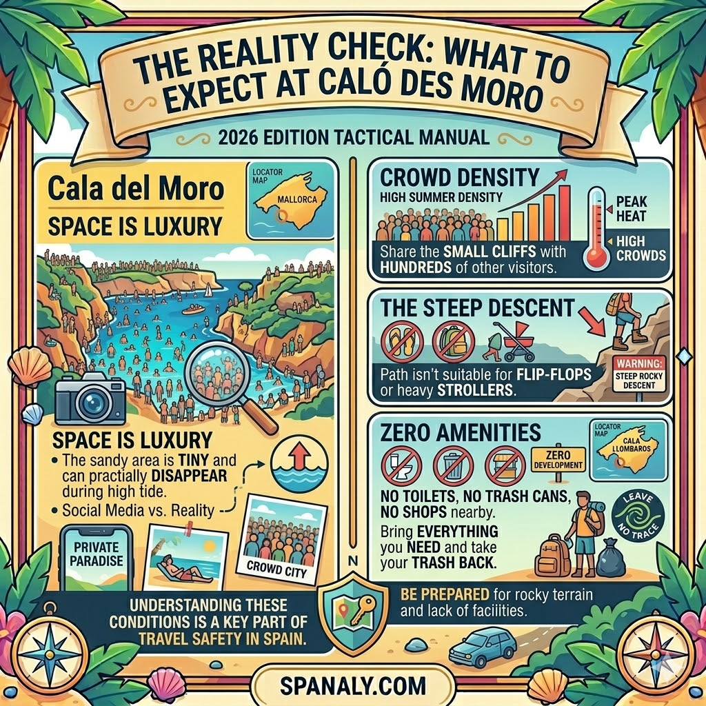 Infographic of the reality at Caló des Moro, Mallorca, highlighting tiny sand space during high tide, steep rocky paths, crowd density, and zero amenities like toilets or trash cans.