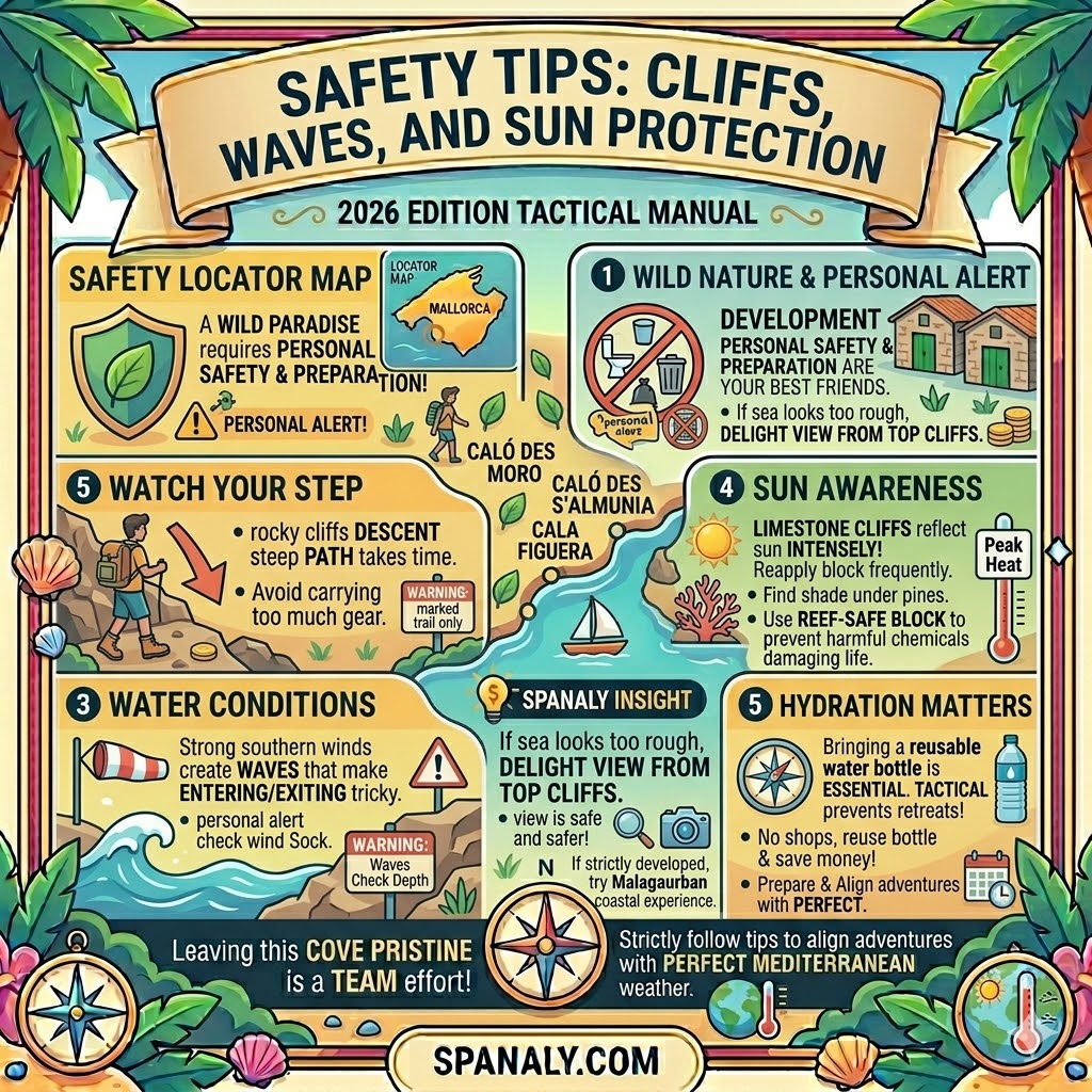 Safety infographic for Caló des Moro, Mallorca, detailing steep path warnings, sun protection on limestone cliffs, hydration essentials, and water condition alerts.
