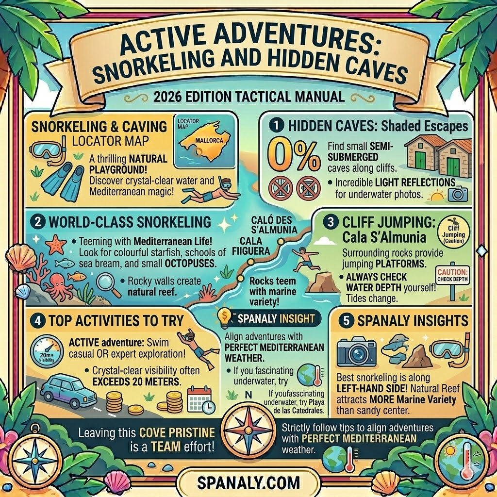 Active adventure infographic for Caló des Moro, Mallorca, showing snorkeling spots with 20m visibility, hidden sea caves, and cliff jumping at Cala S’Almunia.