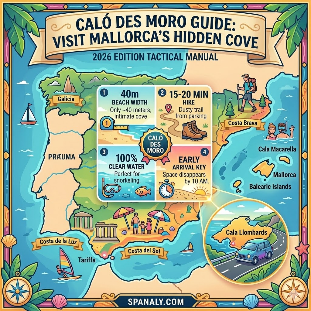 An epic infographic map of Spain highlighting Caló des Moro in Mallorca, featuring beach width, hike duration, water clarity, and early arrival tips for visitors.