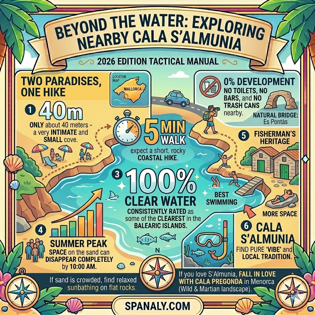 Infographic comparing Caló des Moro and Cala S’Almunia in Mallorca, featuring fisherman stone houses, cliff diving spots, snorkeling tips, and the Es Pontàs natural arch.