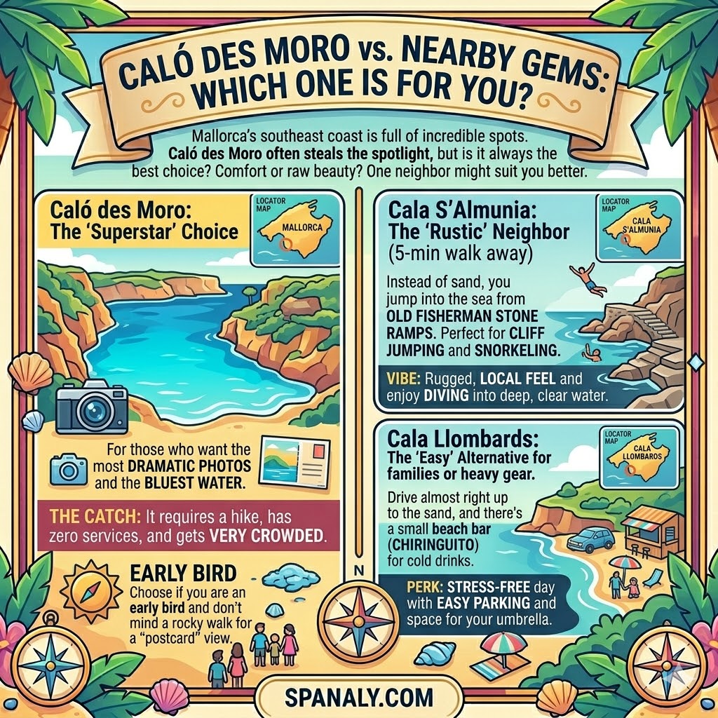 Comparison infographic between Caló des Moro, Cala S’Almunia, and Cala Llombards in Mallorca, highlighting the superstar view, rustic vibe, and family-friendly features.
