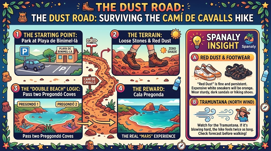 Infographic guide for the Camí de Cavalls hike to Cala Pregonda in Menorca featuring starting point at Binimel·là, trail terrain tips, and footwear advice.