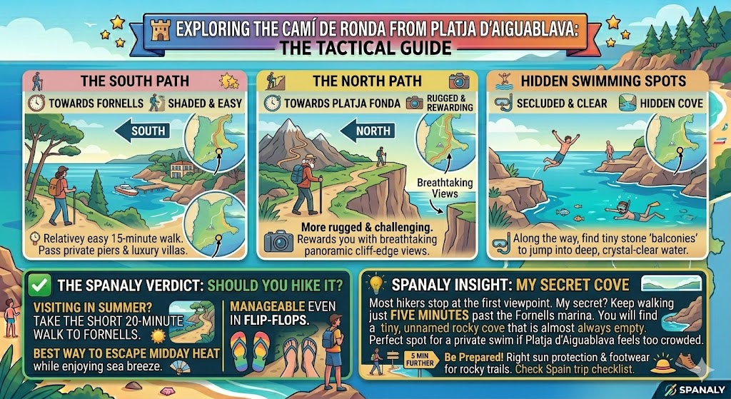 A colorful tactical infographic map of the Cami de Ronda coastal path starting from Aiguablava beach towards Fornells and Platja Fonda with hidden swimming spots.