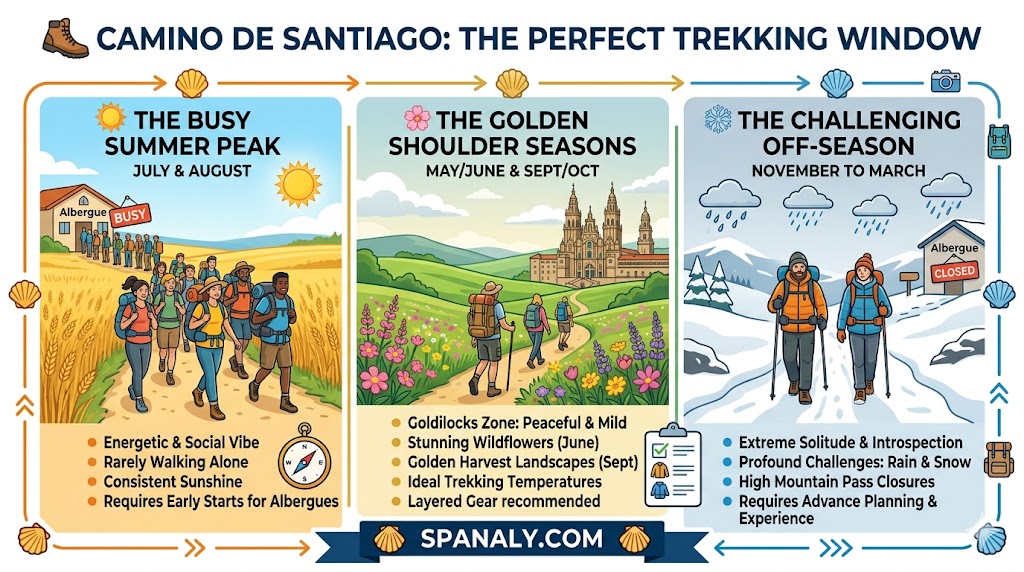 Infographic guide to the best time for trekking the Camino de Santiago, comparing summer crowds, golden shoulder seasons, and winter challenges.