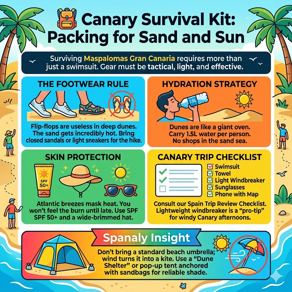 Essential packing guide for Maspalomas Gran Canaria featuring footwear rules for dunes, hydration strategy, SPF protection, and dune shelter tips.