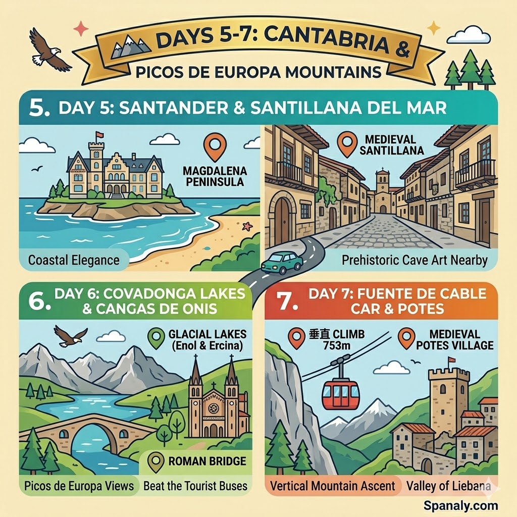 A colorful infographic map illustrating a 3-day Northern Spain road trip itinerary across Cantabria and the Picos de Europa Mountains, featuring Santander, Covadonga Lakes, and Fuente Dé cable car on a cream background.