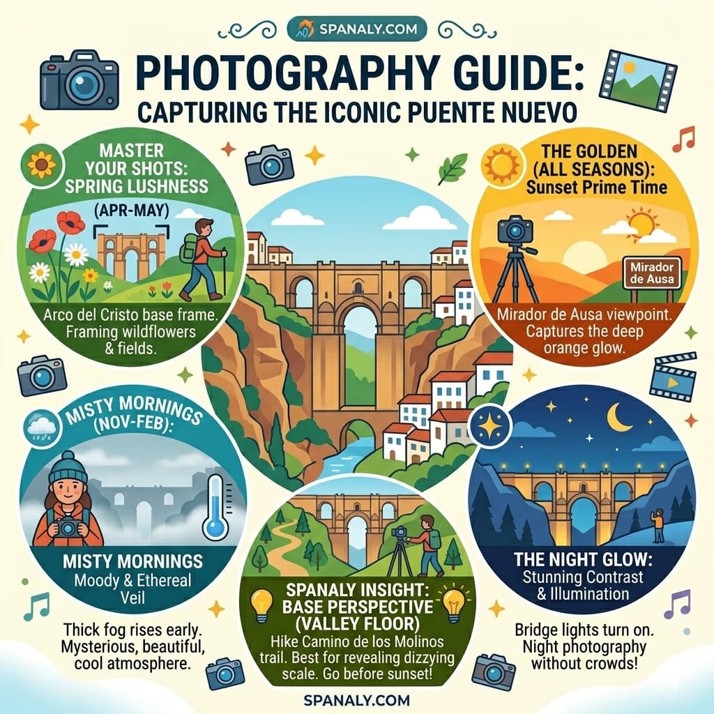 Detailed 1024x1024 photography infographic for Ronda featuring golden hour tips, misty morning shots at the gorge, and night illumination perspectives of Puente Nuevo.