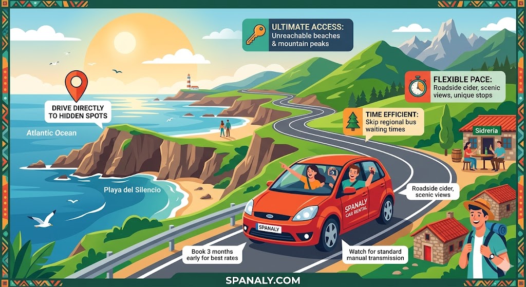 Colorful infographic showing the benefits of renting a car in Northern Spain to reach Playa del Silencio and mountain peaks.