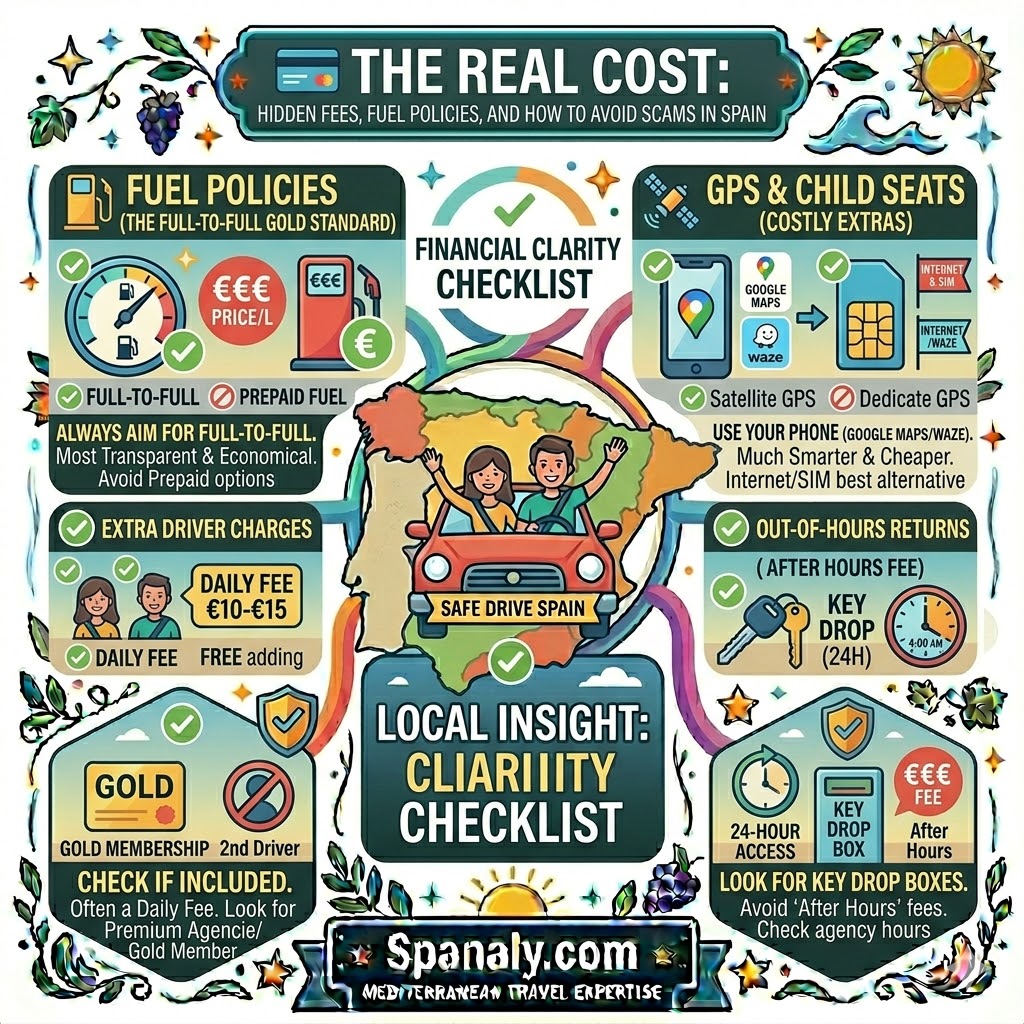 A colorful infographic illustrating the real costs of renting a car in Spain, featuring panels for the full-to-full fuel policy, saving on GPS with local SIM cards, extra driver charges, and avoiding after-hours return fees.