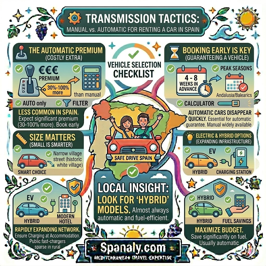 A colorful infographic comparing car rental transmission types in Spain, highlighting the price premium for automatic cars, the importance of early booking, choosing compact sizes for narrow streets, and the benefits of hybrid models.
