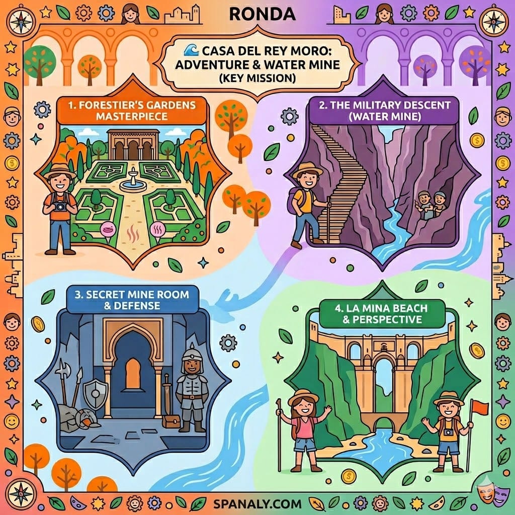 Tactical infographic of Casa del Rey Moro in Ronda featuring Forestier's gardens, the 200-step Moorish water mine, and the unique river-level view of Puente Nuevo.