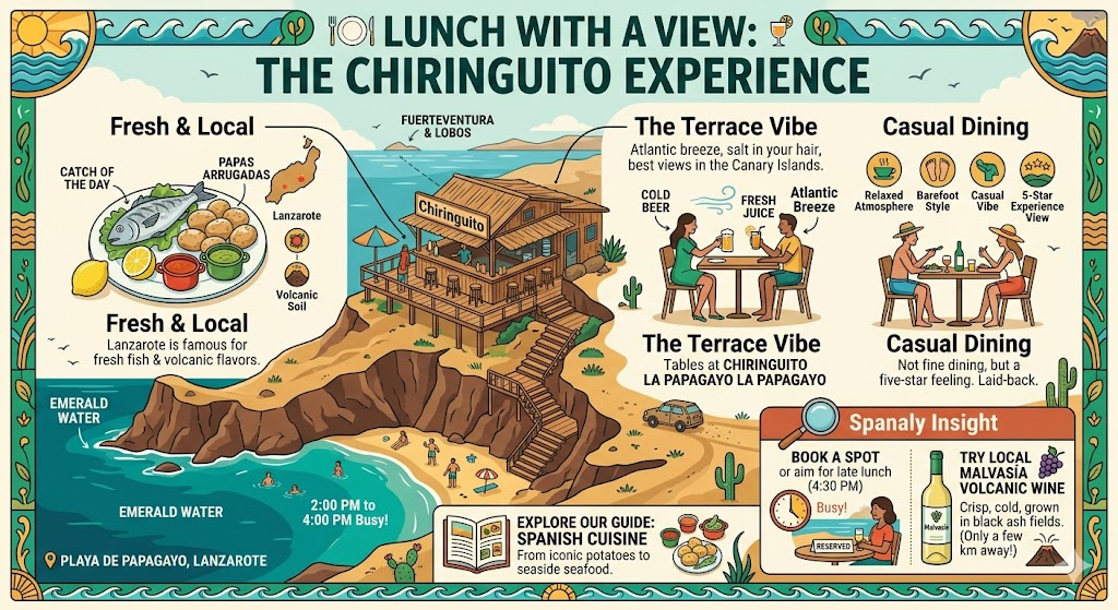 An illustrative infographic of a clifftop Chiringuito at Playa de Papagayo, showcasing fresh Lanzarote fish, Papas Arrugadas, and Malvasía wine with emerald bay views.