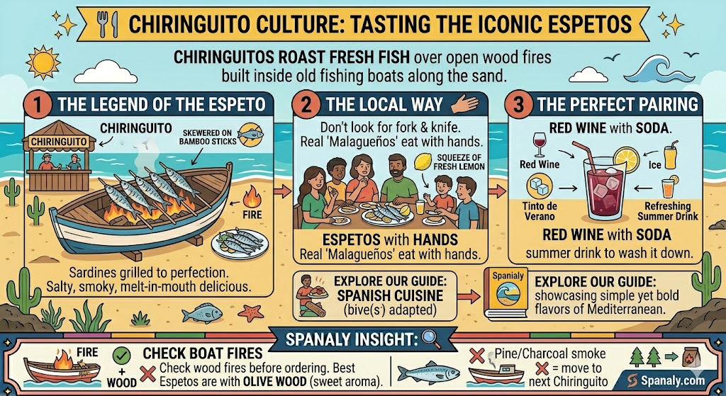 A vibrant infographic about Malaga's chiringuito culture, featuring sardines grilled on bamboo sticks (Espetos), traditional boat fires, and tips on eating with hands and choosing the best wood smoke.
