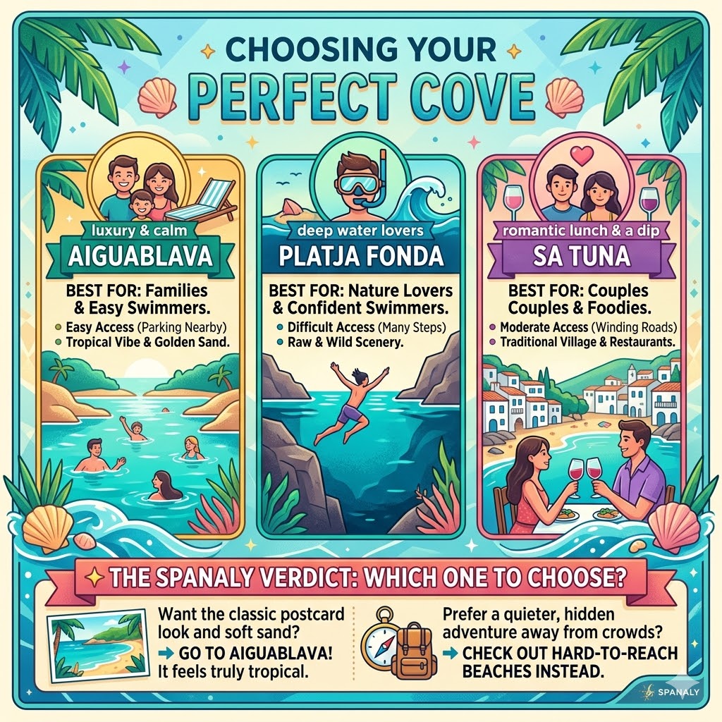 A comparison infographic between Platja d’Aiguablava, Platja Fonda, and Sa Tuna in Begur highlighting the best beach for families versus nature lovers.