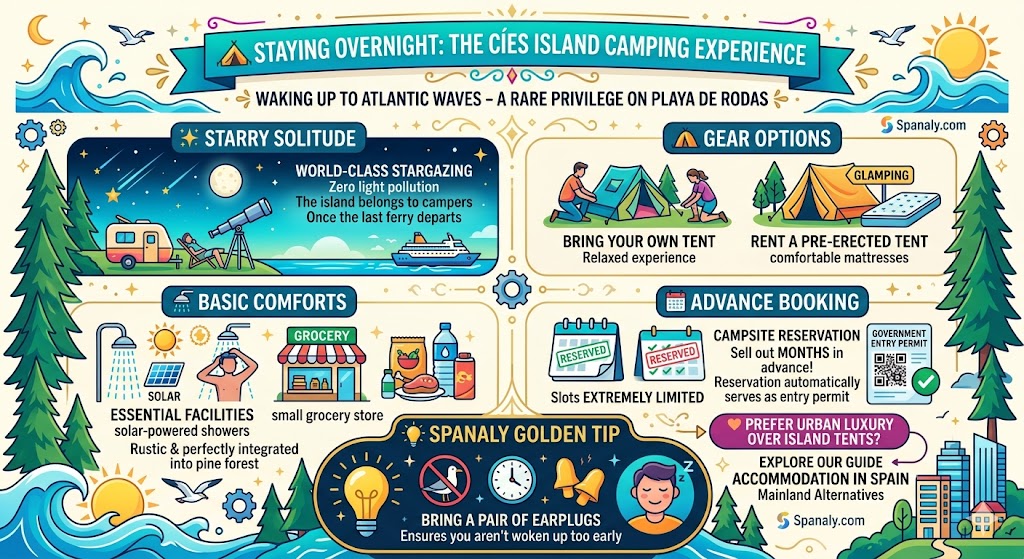 A detailed infographic for camping at Cíes Islands, showing starry solitude, gear options like glamping and private tents, basic solar facilities, and advance booking rules for staying overnight near Playa de Rodas.
