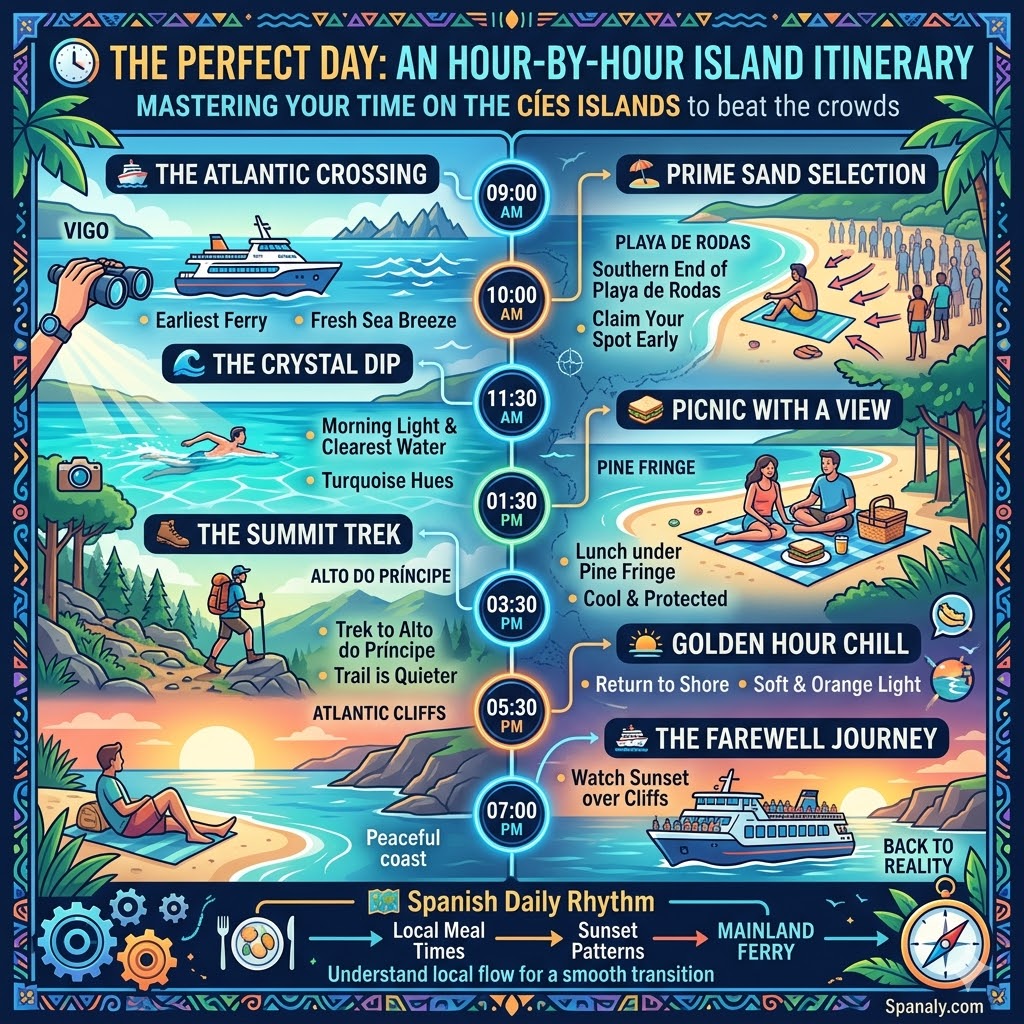 A colorful infographic itinerary of the Cíes Islands, showing an hour-by-hour schedule including the 09:00 AM Atlantic crossing, morning prime sand selection on Playa de Rodas, clear water swims, lunch, hiking the Alto do Príncipe lookout at 03:30 PM, and the golden hour sunset return ferry.