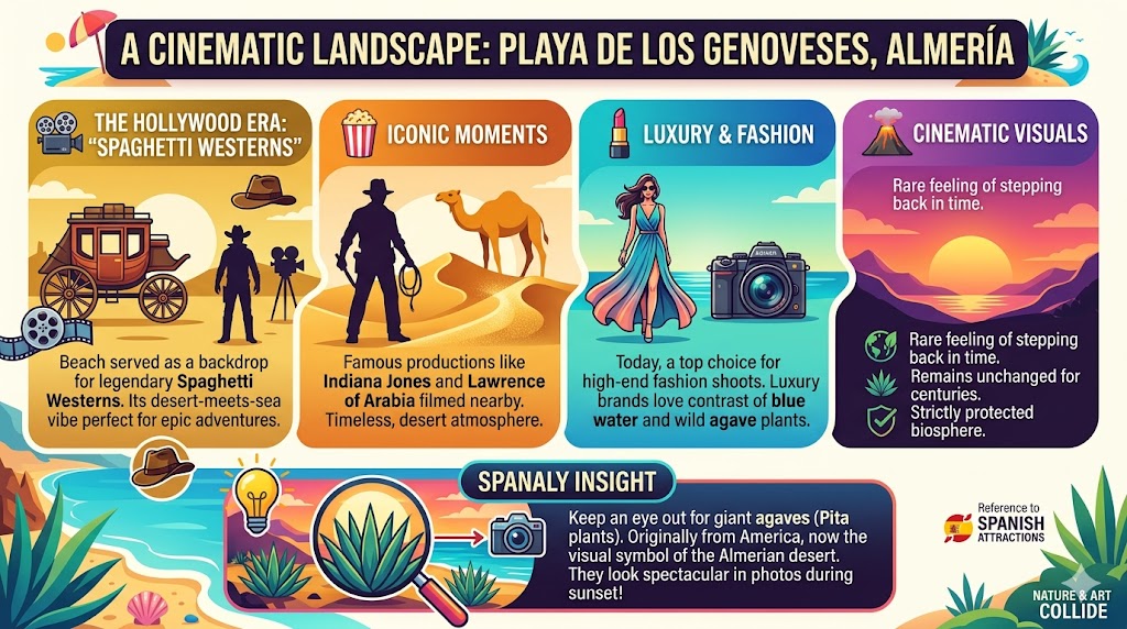 Infographic about the cinematic landscape of Playa de los Genoveses in Almeria, detailing film history from Spaghetti Westerns to Indiana Jones, and modern high-end fashion shoots, with photography tips for giant agave plants by Spanaly.com