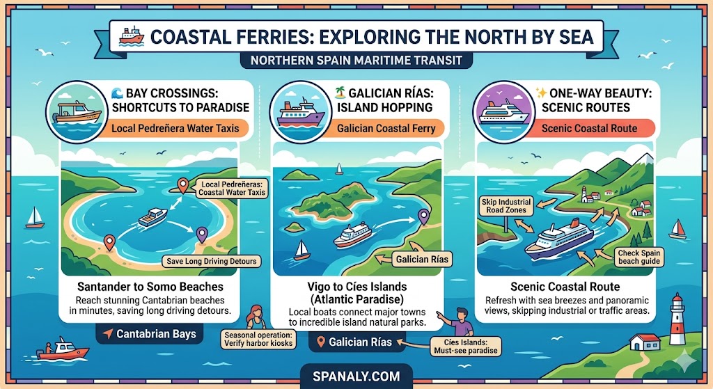 Infographic of coastal ferries in Northern Spain showing water taxi routes in Santander and Galician Rías.
