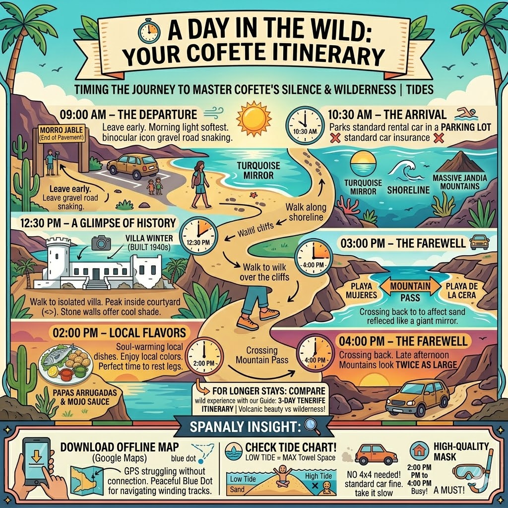 A complete one-day itinerary for Playa de Cofete featuring a timeline from 09:00 AM departure to 04:00 PM farewell, including stops at Villa Winter and Restaurante Cofete.