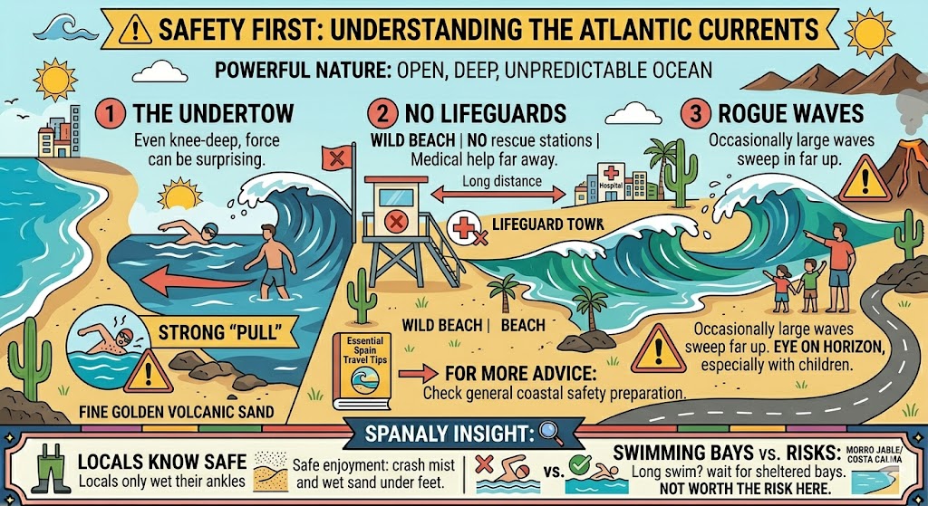 A safety infographic for Playa de Cofete explaining Atlantic currents, undertow dangers, the absence of lifeguards, and rogue wave warnings for families.