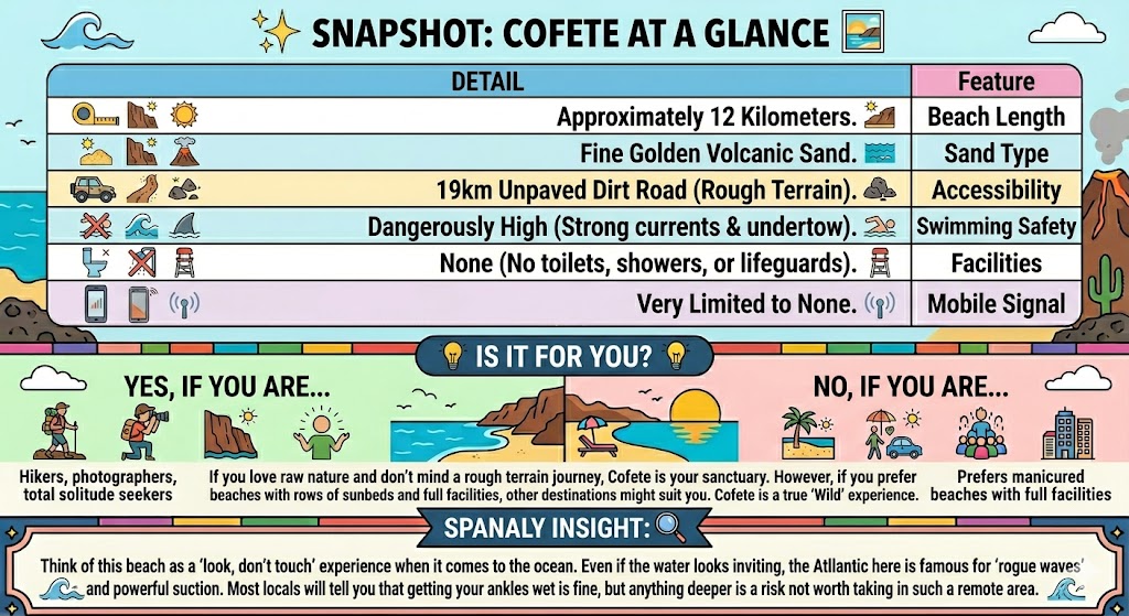 A detailed snapshot infographic of Playa de Cofete, providing quick details on beach features, safety warnings, and Spanaly's insight on rogue waves.